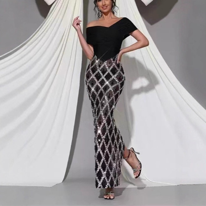 跨境奢华亮片格纹黑色水滴钻露肩紧身连衣裙欧美时尚派对晚宴礼服