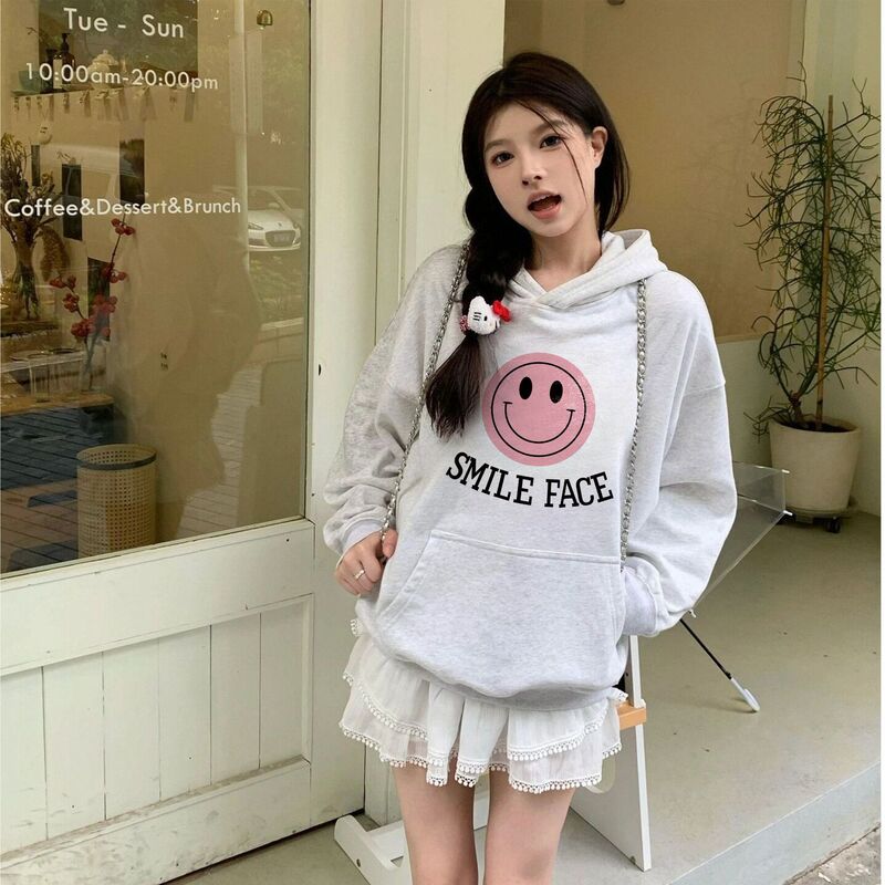 Cross-Border New Style Smiley Face Printed Long-Sleeved Hooded Sweatshirt for Women Loose Casual Large Size Cute Women's Tops Ins Trend Cross-Border New Style Smiley Face Printed Long-Sleeved Hooded Sweatshirt for Women Loose Casual Large Size Cute Women's Tops Ins Trend