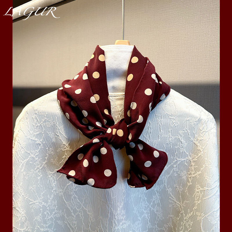 Handmade Double Wrinkles丨100%Mulberry Silk Bordeaux Red Polka Dot Silk Double-sided Thin Scarf Spring And Autumn High-end Silk Scarf