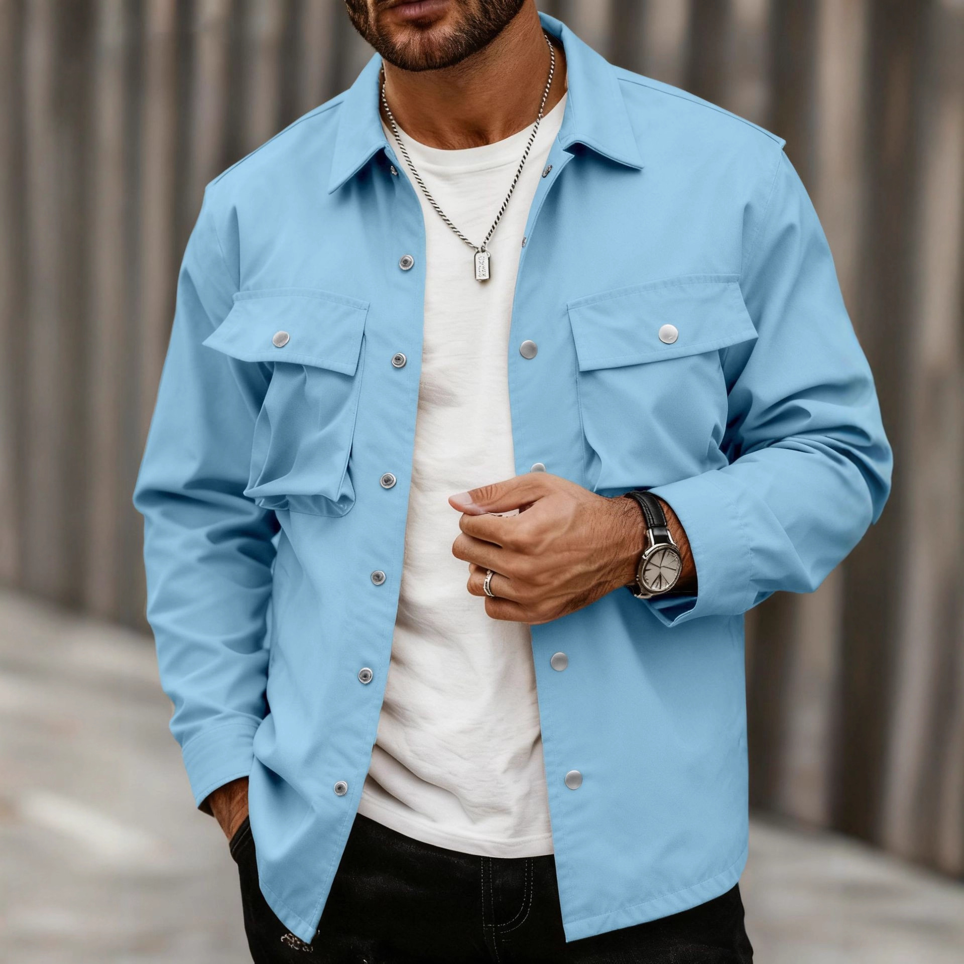 Monochrome Man- Euroean And American Sring/Autumn Cross-Border Men's Casual Fashion Multi-Pocket Jacket Solid Color Workwear_voghion.com