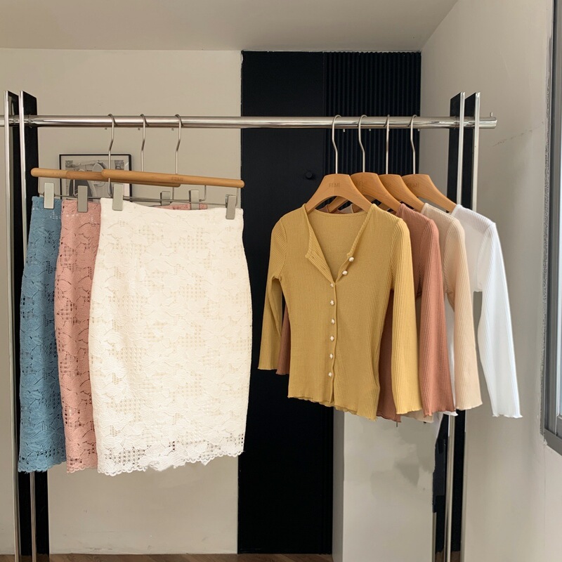 Golden Pearl Button Slim-Fit Cardigan Knit Top, Lace Half-Skirt, Ginger Yellow Top, Dried Rose Top, Solid Color