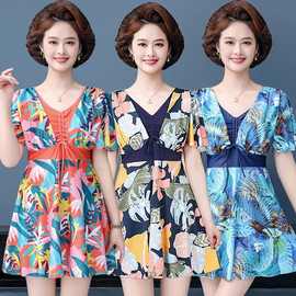 送泳帽泡温泉加大码游泳衣女分体平角裤裙式保守中年妈妈泳装尚硕