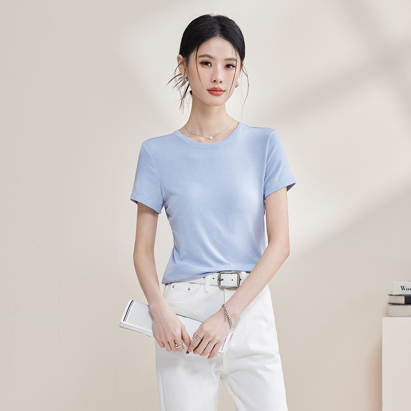 2026 Spring/Summer Lyocell Wool Acetate Round Neck Short Sleeve Women's Skin-Friendly Slimming Base Shirt in Multiple Colors Basic Top