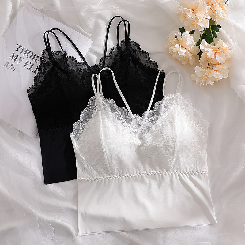 New lace beautiful back lingerie ice silk suspender vest cross suspender tube top underwear with chest pad women's beautiful back bra