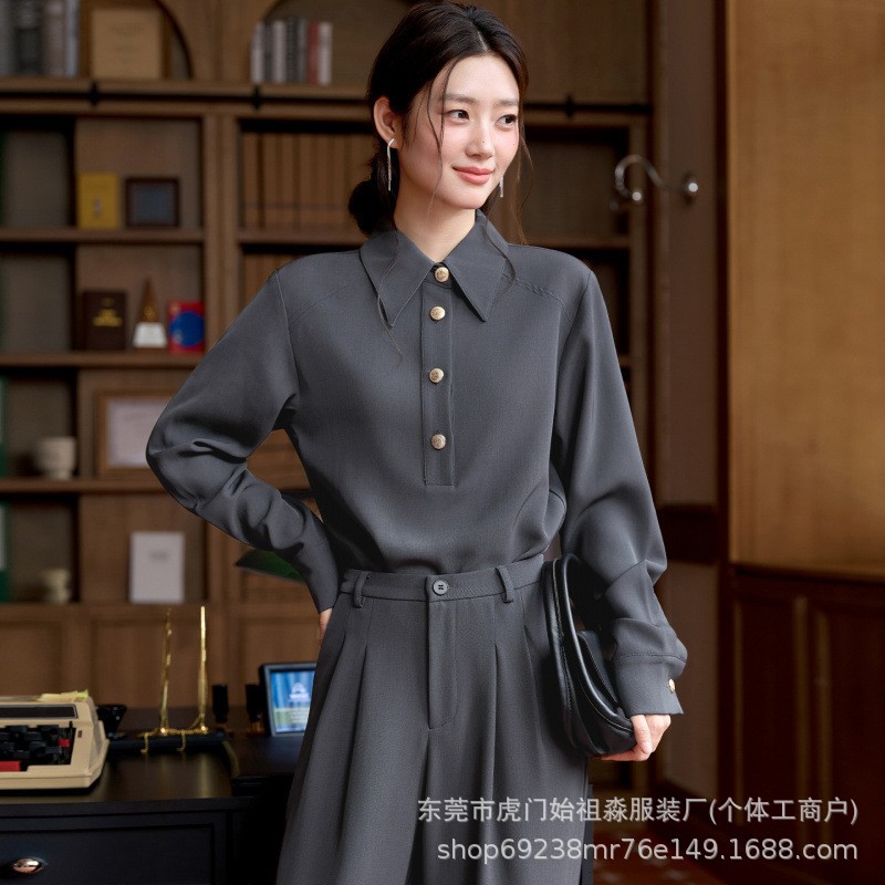 高级深灰翻领金扣衬衫质感垂顺干练通勤面试职场女生职业衬衣套装