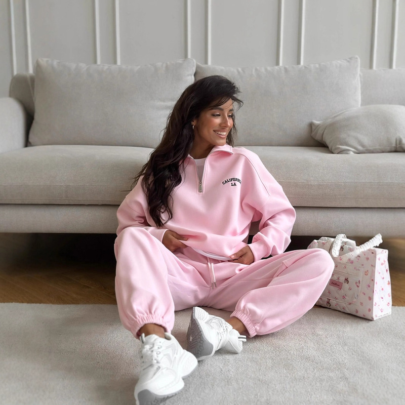 2025 Pink Casual Simple Letter Embroider Suit Women's High-End Autumn and Winter Sweatshirt Straight Pants Two-Piece Set