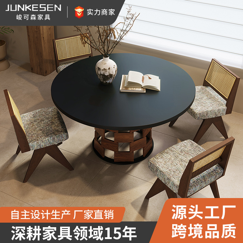 Medieval Wabi-Sabi Style Black Rock Version Dining Table for Home High-End Small Apartment Round Table French Retro Solid Wood Dining Table