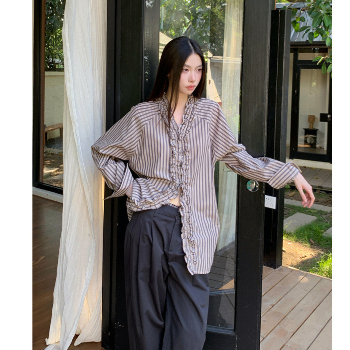Light Blue Loose-Fit Washed Cotton Vertical Striped Three-Dimensional Floral Pleated Placket Long-Sleeve Lace Collar Shirt for Women Light Blue Loose-Fit Washed Cotton Vertical Striped Three-Dimensional Floral Pleated Placket Long-Sleeve Lace Collar Shirt for Women