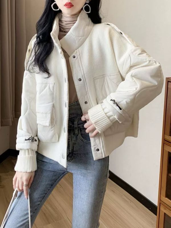 设计感拼接棉服毛衣外套2025秋冬新款韩版宽松短款休闲针织开衫女|undefined