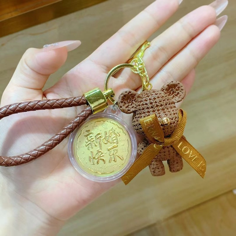 足金999黄金520小饼熊公仔钥匙扣挂件可爱情侣包包挂饰汽车钥匙链|undefined