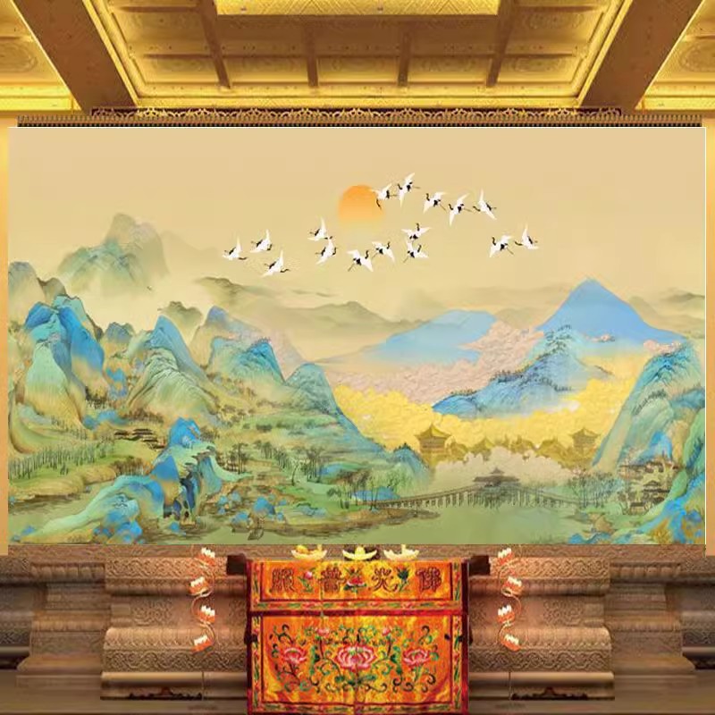 复古千里江山图山水画壁纸祥云仙鹤佛家装饰壁画仙道佛堂背景墙纸