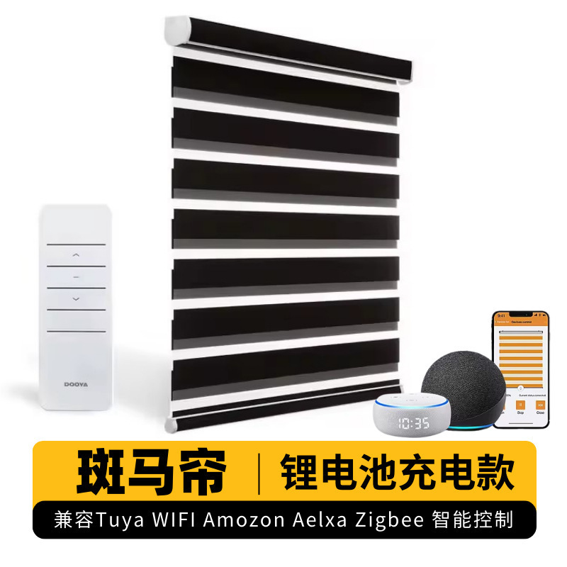 Cross-border export high shading black electric zebra roller shutter graffiti intelligent control double-layer curtain American soft gauze curtain
