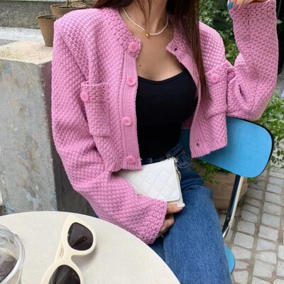 韩单爆款 纯色系扣圆领百搭口袋宽松毛衣秋冬短外套上衣