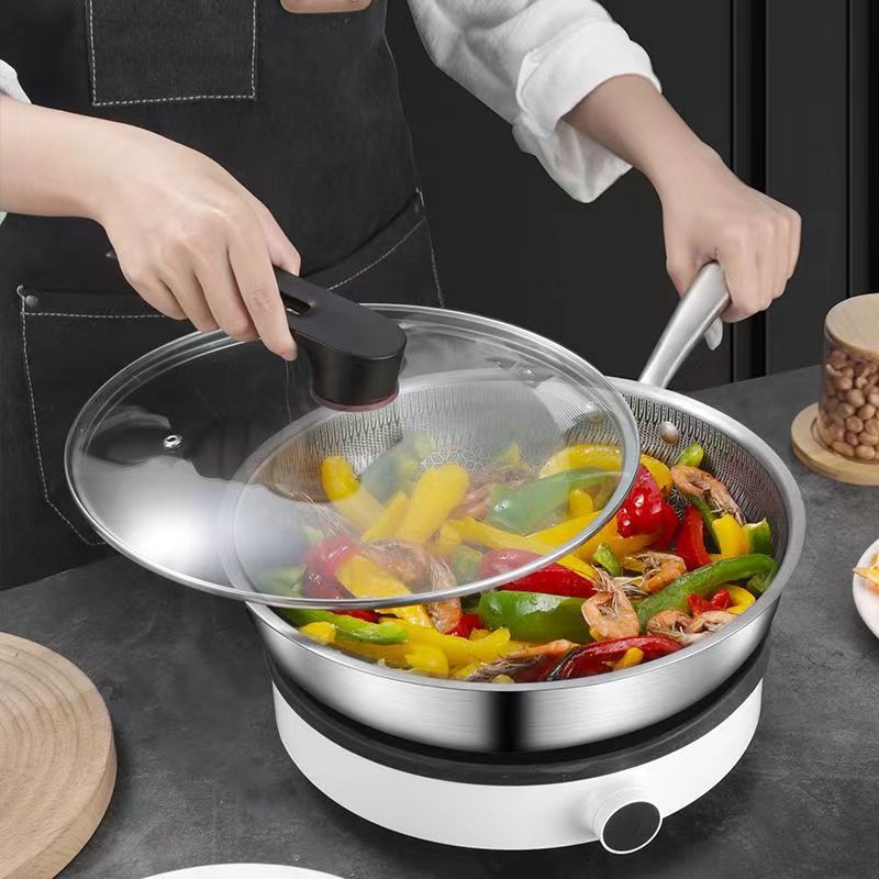 316不鏽鋼雙面炒鍋平底煎鍋蜂巢底不粘炒菜鍋家用燃氣電磁爐鍋具