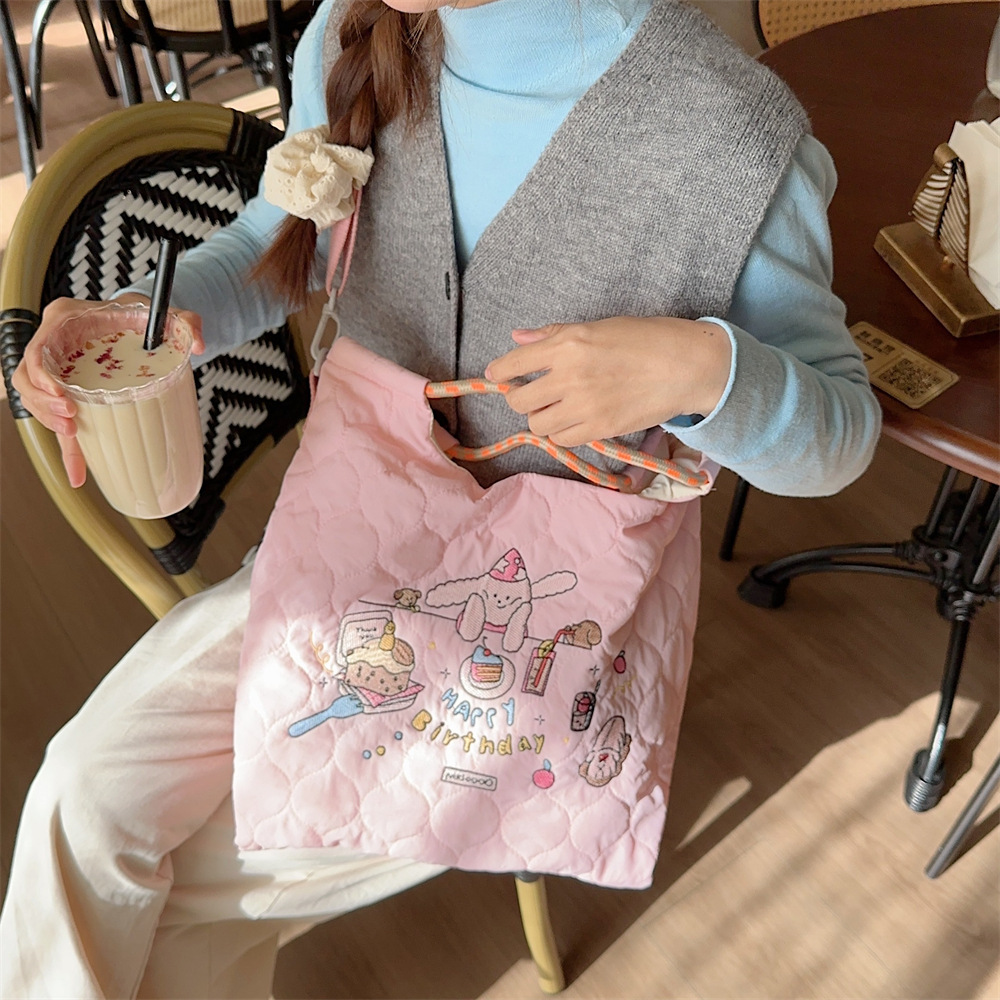 31223 Quilted soft crossbody bag, large capacity hand-held shoulder bag, cartoon embroidered little rabbit student handbag undefined