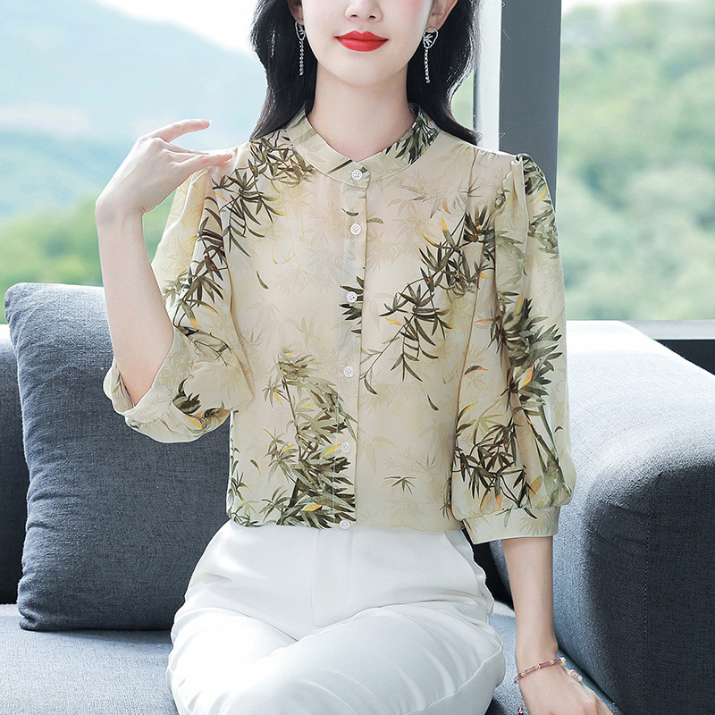Printed Silk Shirt Women's Seven-point Short-sleeved Shirt Autumn Floral Hangzhou High-end Mother's Mulberry Silk Top