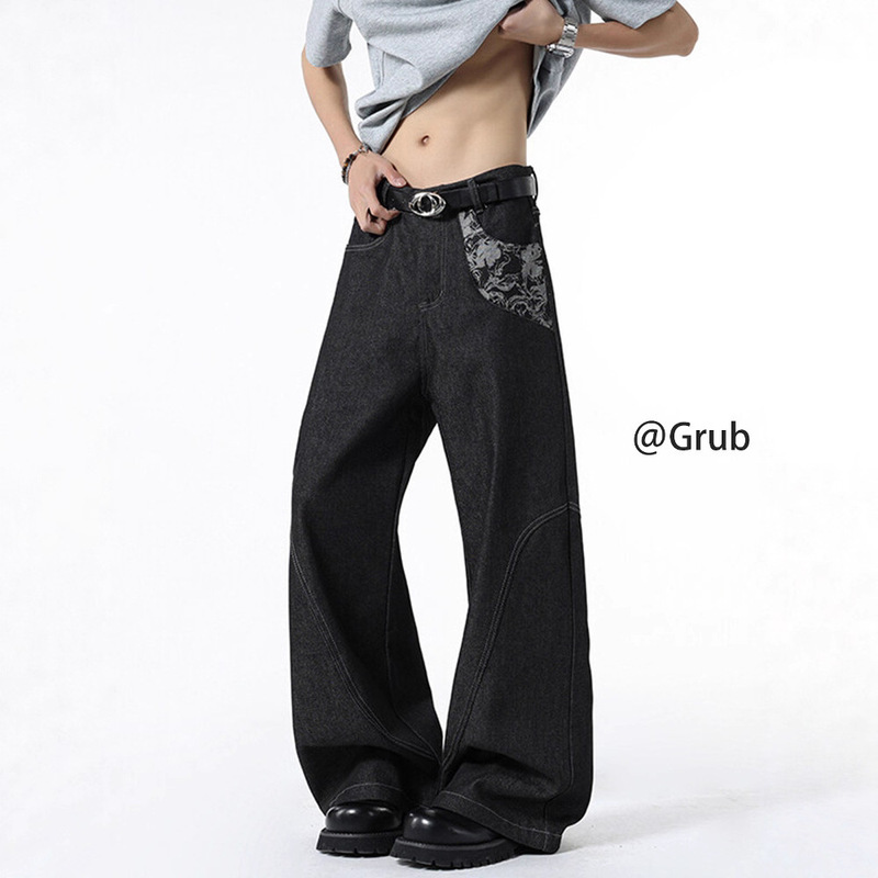 Snake Print A-Line Jacquard Patchwork Jeans Men's Trendy American Clean Fit Slightly Flared Loose Wide-Leg Pants