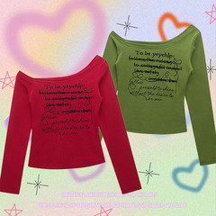 TKPA美式辣妹字母印花長袖T恤春季新品斜領露肩修身顯瘦打底上衣