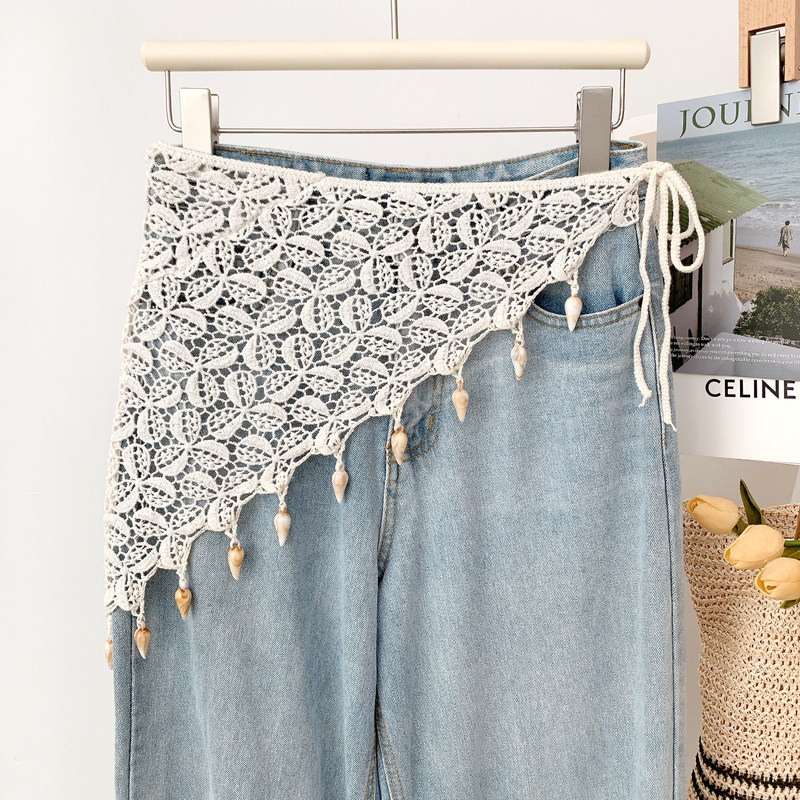 Beige Shell Tassel Lace-Up Triangle Scarf Skirt Layered over a Decorative Skirt, New Fashion Spring/Summer Waist Belt J35