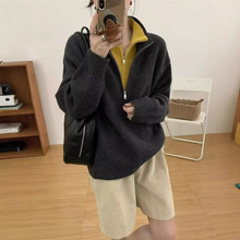 秋冬新款半拉链立领毛衣女欧货时尚设计感撞色双领休闲针织衫上衣
