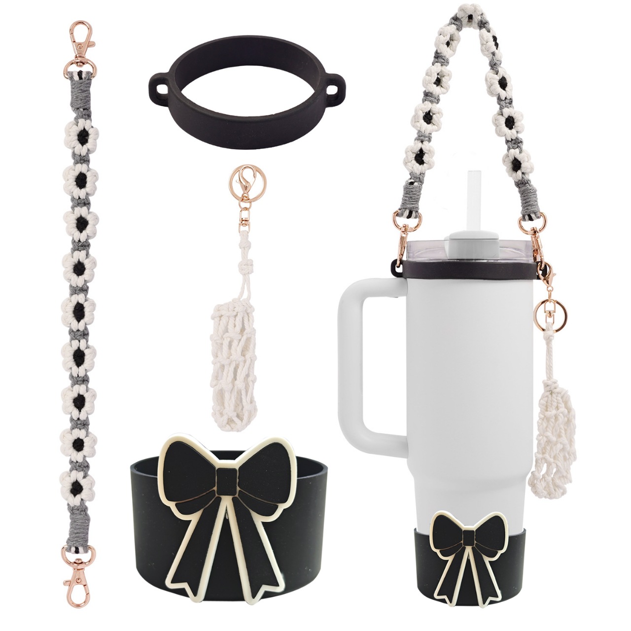Accesorios de Amazon Stanley 40oz tejido corda de mano flor nudo gorra de paja cubierta taza colgante de pelo