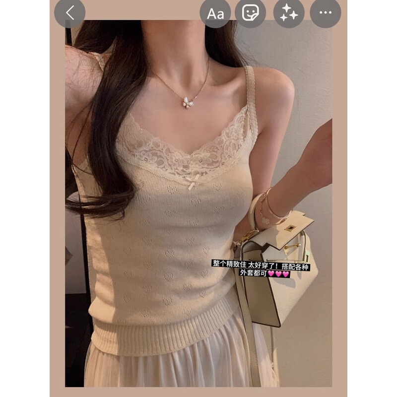 bm pure wind lace stitching vest women's spring and summer age-reducing slim-fit bottoming jacket bow knitted suspenders