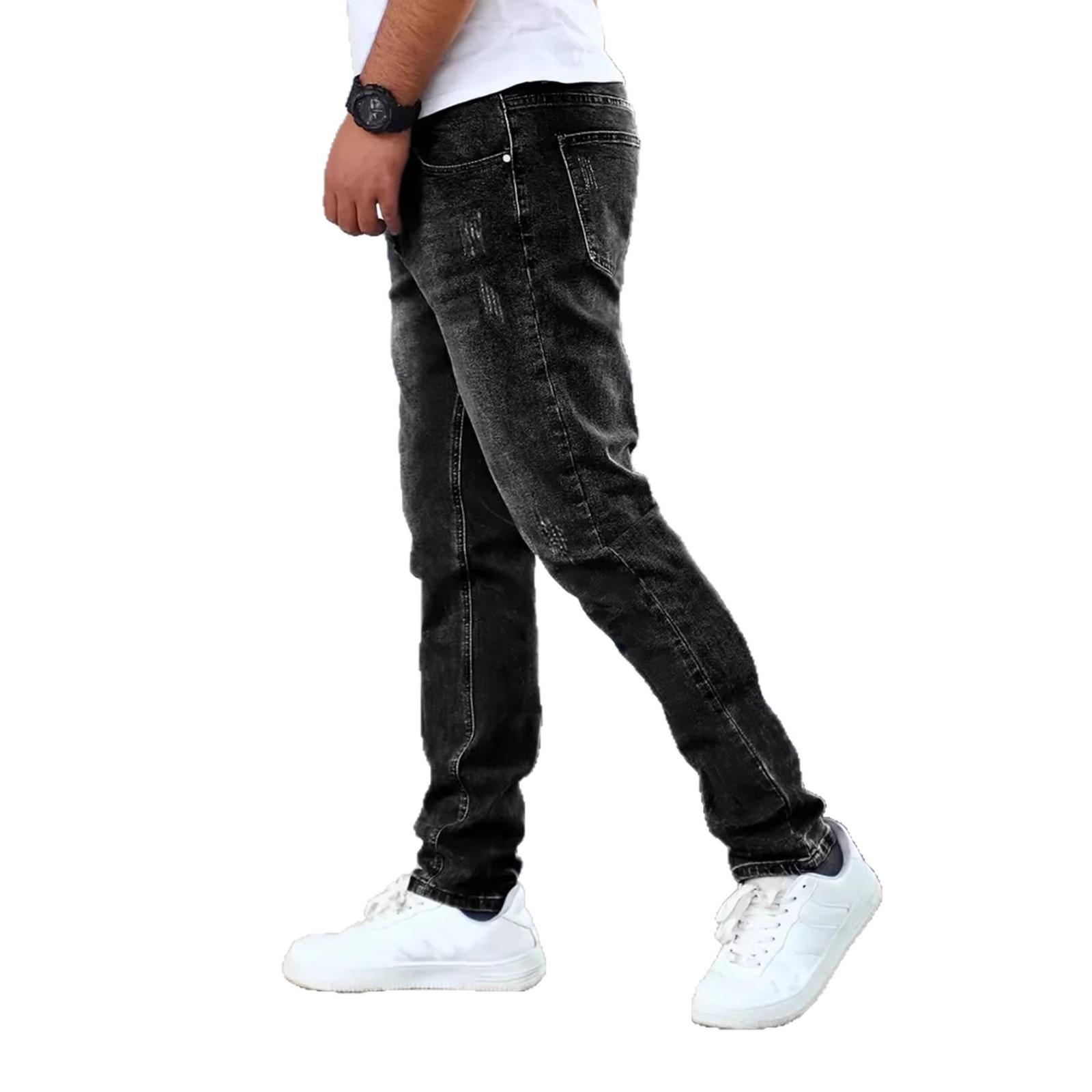 Men's Slim Fit Stretch Denim Jeans Black Midweight Skinny Pants All Seasons Simple Design Mid Waist Cropped Length_voghion.com