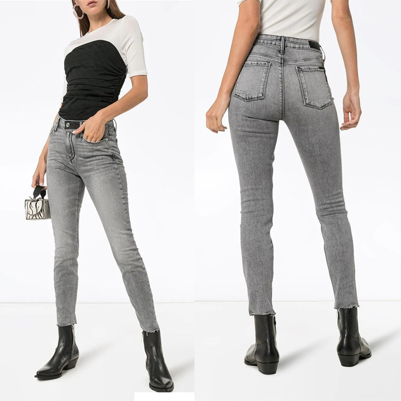 Clearance! Nine-Point Gray European and American Rta Style Embroidered Frayed High-Waisted Smoky Gray Cropped Skinny Jeans Clearance! Nine-Point Gray European and American Rta Style Embroidered Frayed High-Waisted Smoky Gray Cropped Skinny Jeans