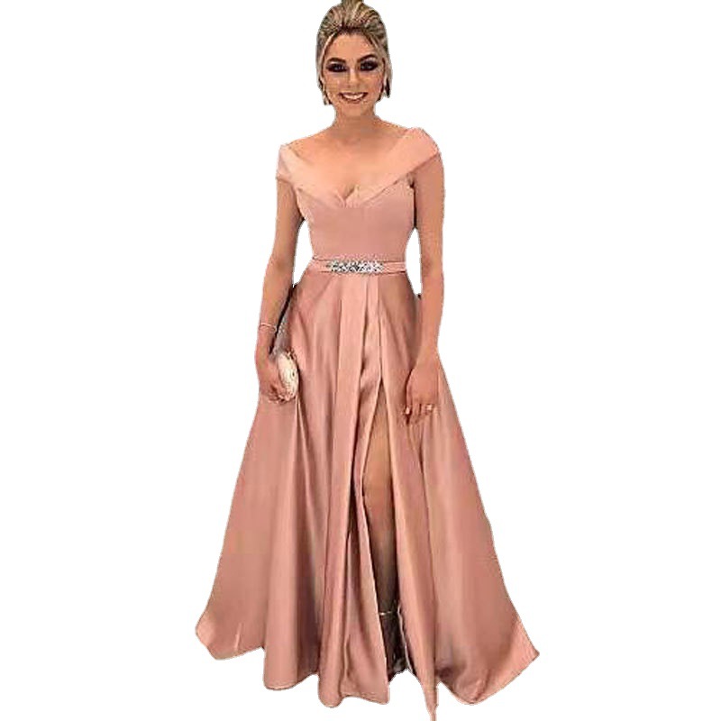 Comercio exterior europeo y americano Amazon AliExpress deseo nuevo Satén de las mujeres con cuello en V vestido de noche largo adelgazamiento