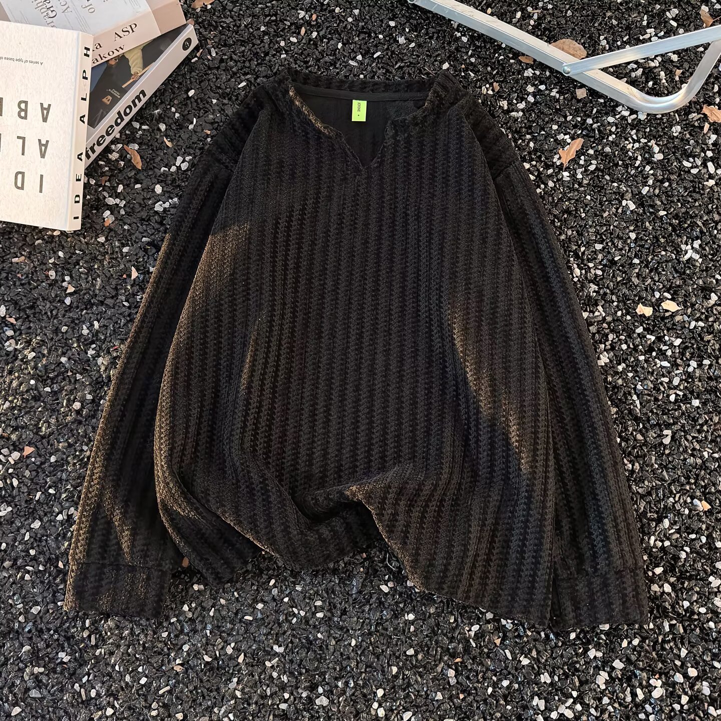 青年套头肌理感拼接撞色宽松长袖T恤男款ins通勤重磅内搭长袖上衣