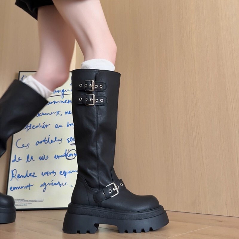 Short Thick-Soled High-Top Knight Boots, Knee-High Boots for Women, Black Thick-Leg Belt Buckle Slimming Brown Boots Short Thick-Soled High-Top Knight Boots, Knee-High Boots for Women, Black Thick-Leg Belt Buckle Slimming Brown Boots
