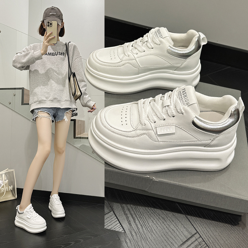 2025 Summer New Genuine Leather Casual Shoes for Women Thick-Soled Inner Heightening Wear-Resistant Sports White Shoes for Women Lace-Up Women's Shoes