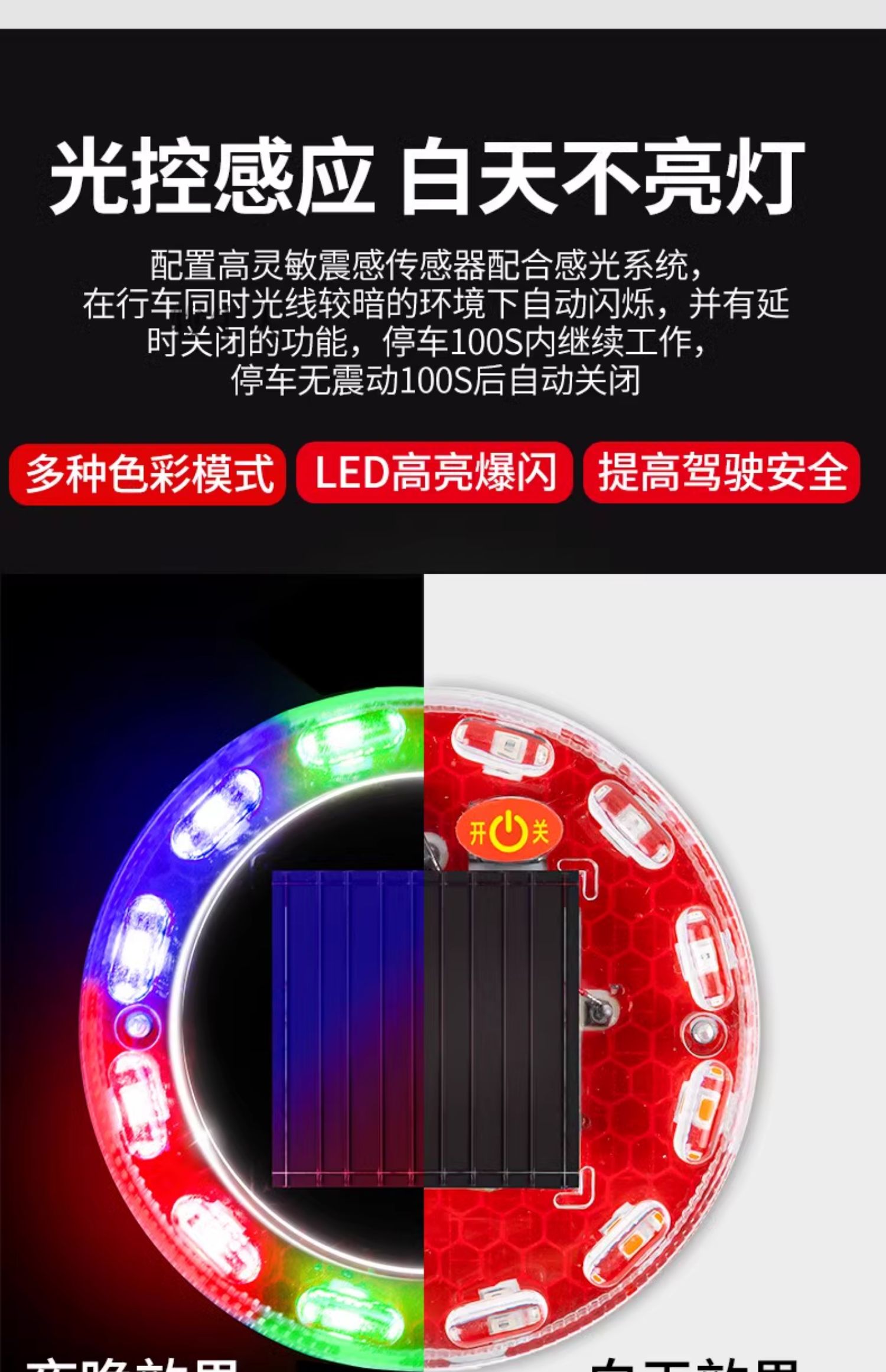 Car anti-rear-end collision light, motorcycle and bicycle night riding flashing light, solar-powered warning light with strong magnet for trucks
