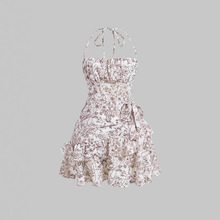 欧美女裙新款碎花吊带蛋糕裙亚马逊跨境复古多色双层下摆连衣裙