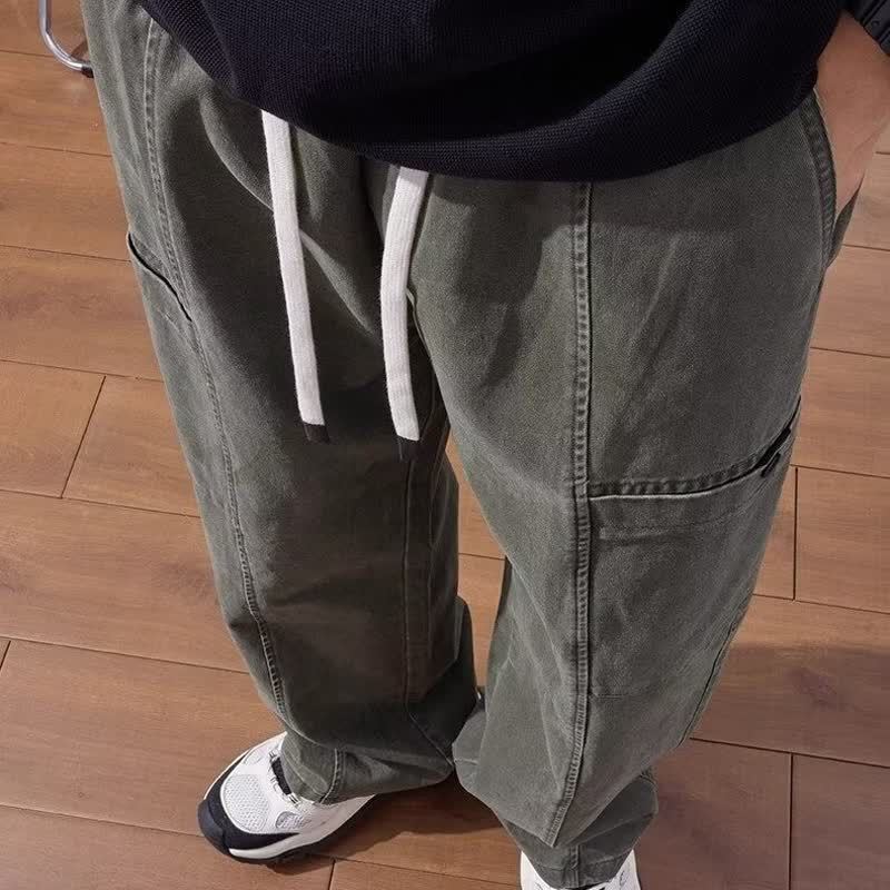 美式纯色工装裤男士春秋款黑色宽松直筒休闲阔腿裤子轻熟休闲|undefined