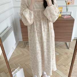 春夏韩版新款睡衣女花朵花边方领双层棉纱宽松连衣裙睡裙家居服