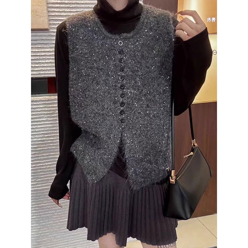 Autumn and Winter New Style Sequin Design Sleeveless Knit Sweater for Women, Soft and Comfortable Korean-Style Vest Autumn and Winter New Style Sequin Design Sleeveless Knit Sweater for Women, Soft and Comfortable Korean-Style Vest