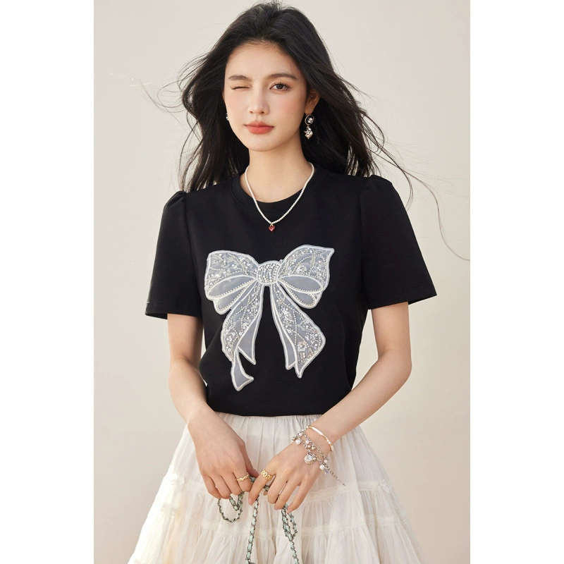 2025 Новый стиль сладкий ветер с короткими рукавами футболка женский черный топ
