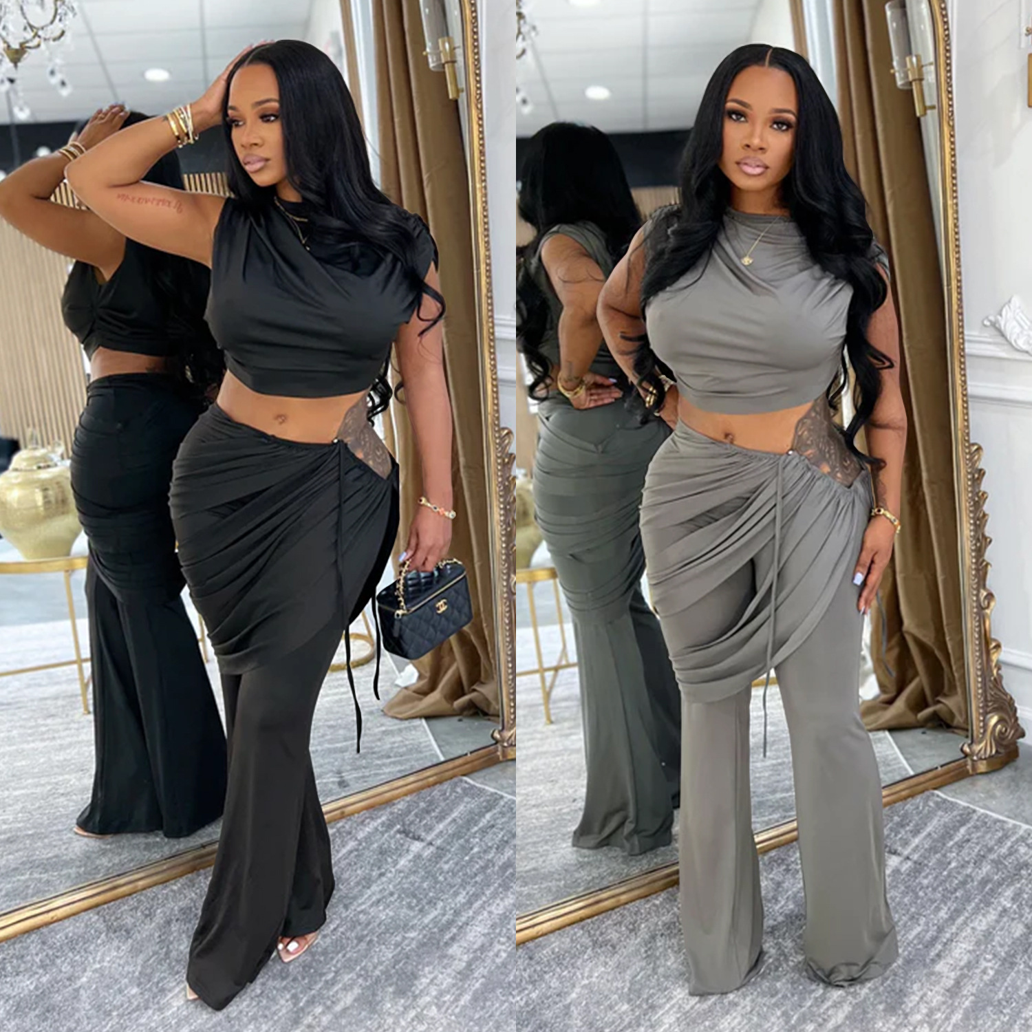 C7528 Aliexpress transfronterizo Amazon Europa y América de moda de mujer casual sin mangas blusa de umbilical pantalones largos de dos piezas image 1