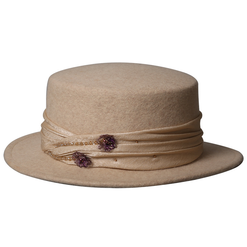 Mũ len beanie nữ phối satin hoa Pháp, phong cách thu đông — màu be