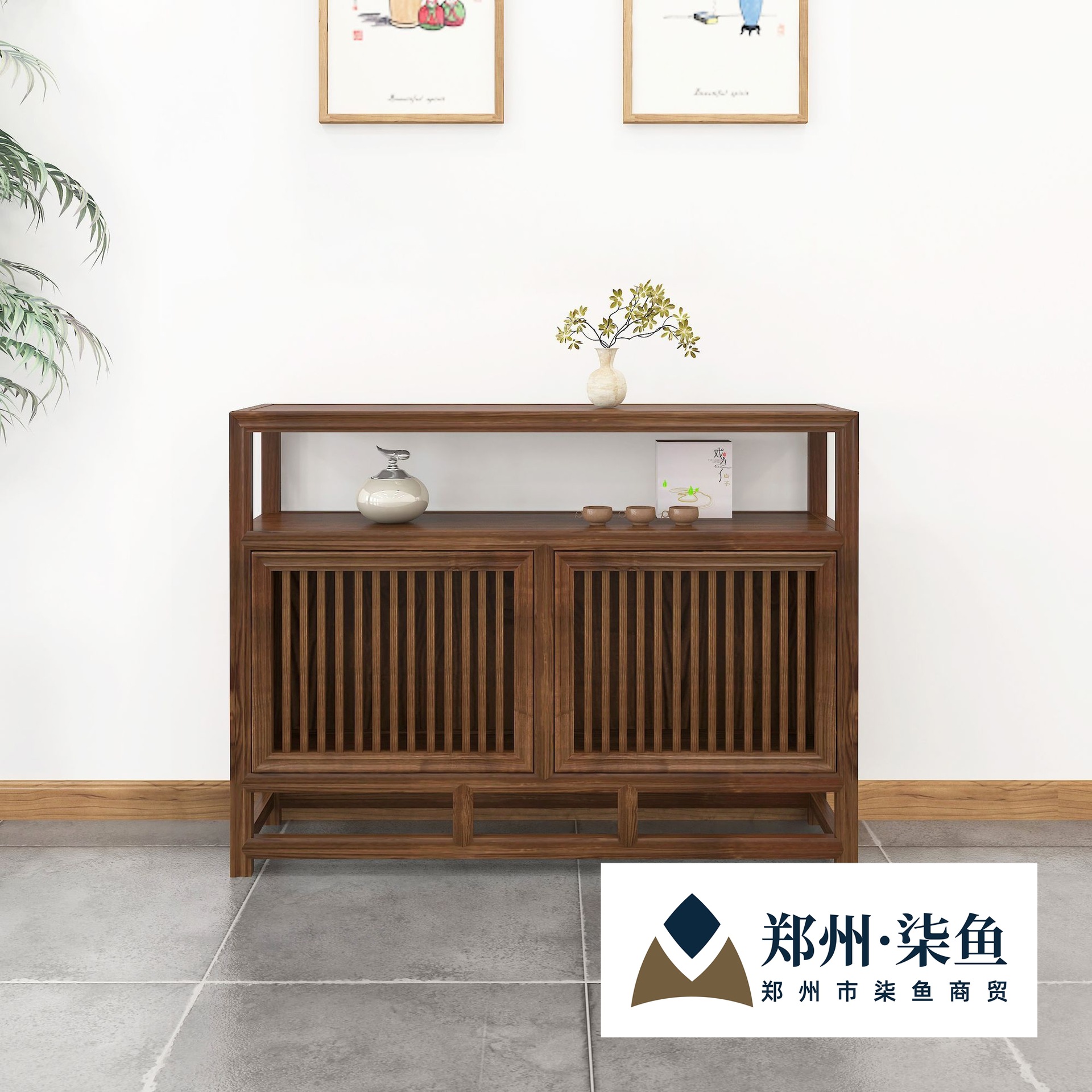 New Chinese Style Sideboard Solid Wood Tea Cabinet Living Room Wall Storage Cabinet Storage Rack Integrated Home Entrance Cabinet