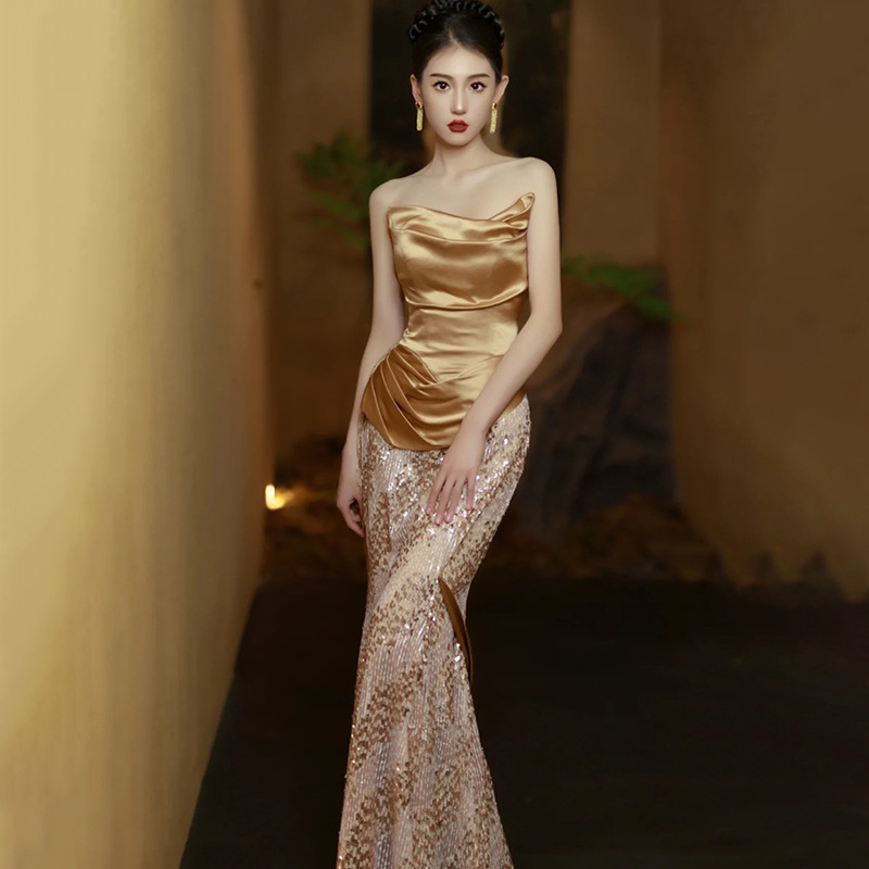 Golden Strapless Evening Dress Celebrity Banquet Elegant Fishtail Art Test Performance Long Dress 2025 New Bride Toast Dress
