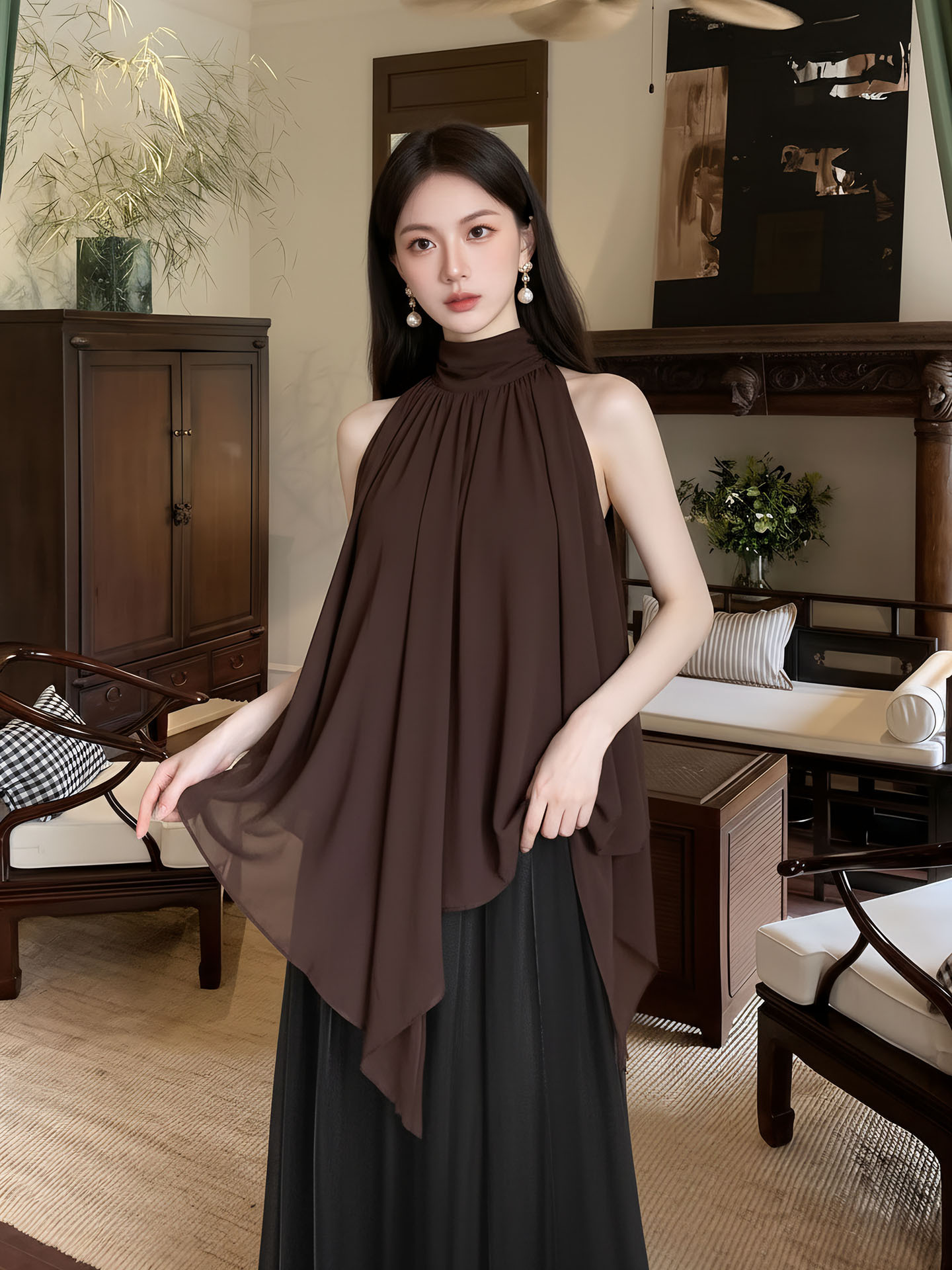 Áo sơ mi không tay phối dây rua kiểu Trung Quốc mùa hè — màu cà phê