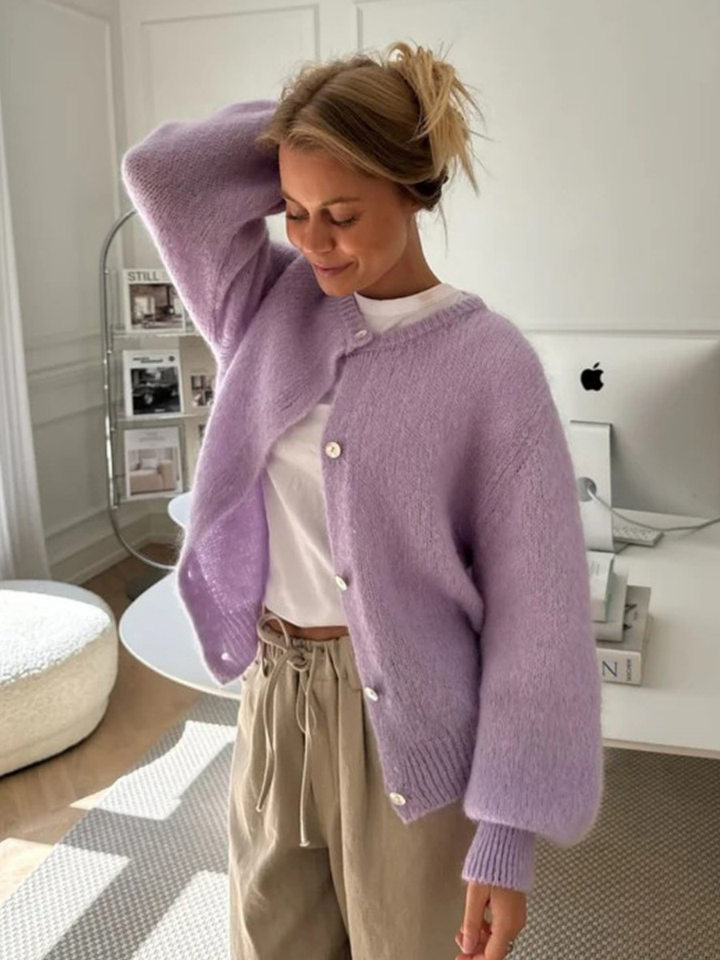Áo cardigan len dệt kim dáng mỏng nhẹ cài nút một hàng, tay dài cổ tròn nữ — hoa hồng đỏ, màu be, màu cam, màu hoa cà chi tiết 66