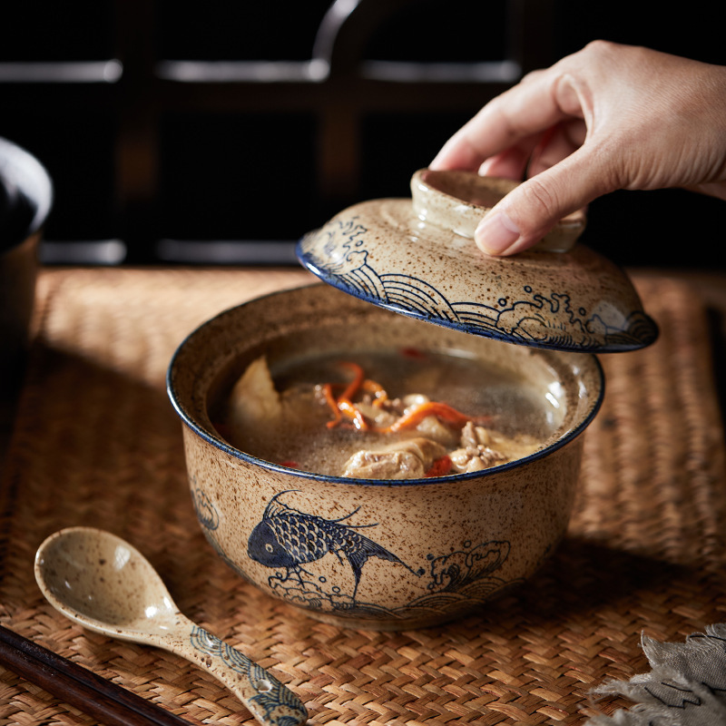 6.5-inch instant noodle bowl with lid lunch box student Chinese underglaze color ceramic suit ramen bowl canteen tableware 6.5-inch instant noodle bowl with lid lunch box student Chinese underglaze color ceramic suit ramen bowl canteen tableware