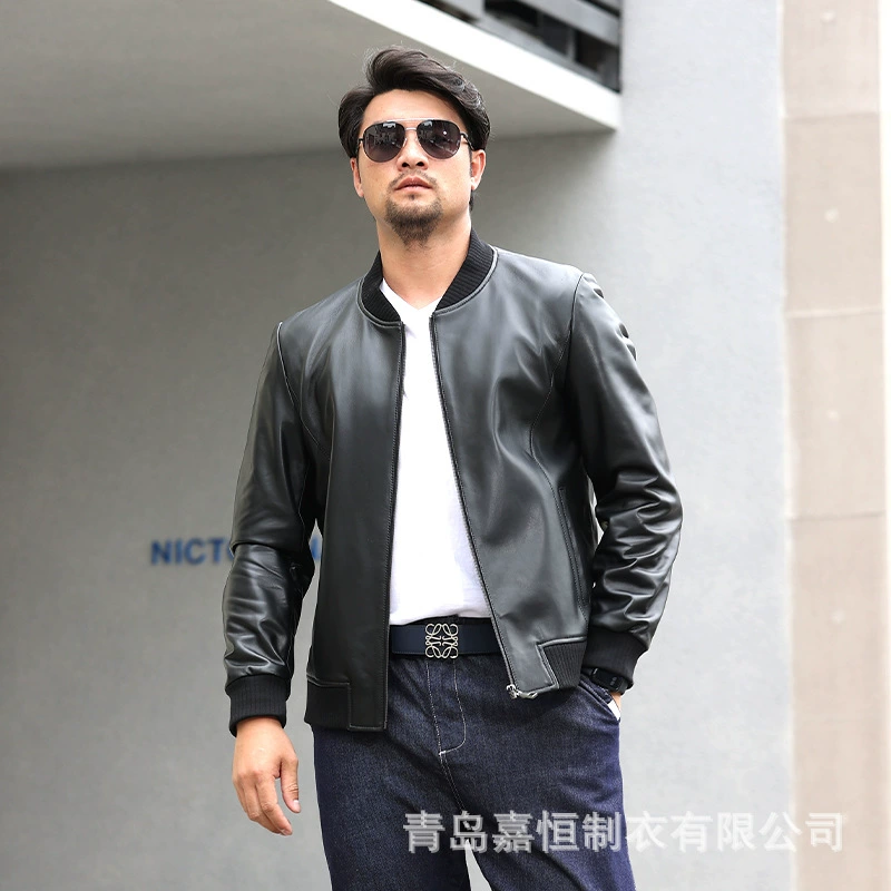 Baseball leather jacket, first‑layer sheepskin, contrast stitching, casual bomber