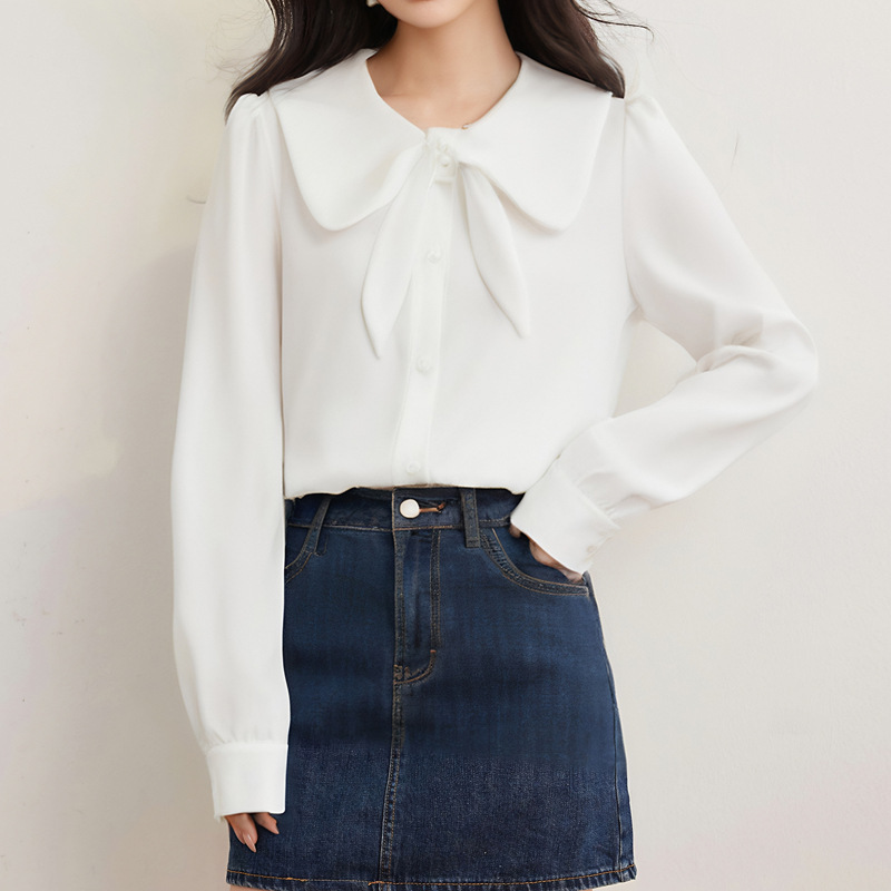 French Doll Collar Bow Satin White Shirt Women's 2025 Spring New Commuter Professional Top