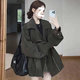 早秋韩风复古工装风短外套女宽松大翻领拉链夹克小个子感通勤