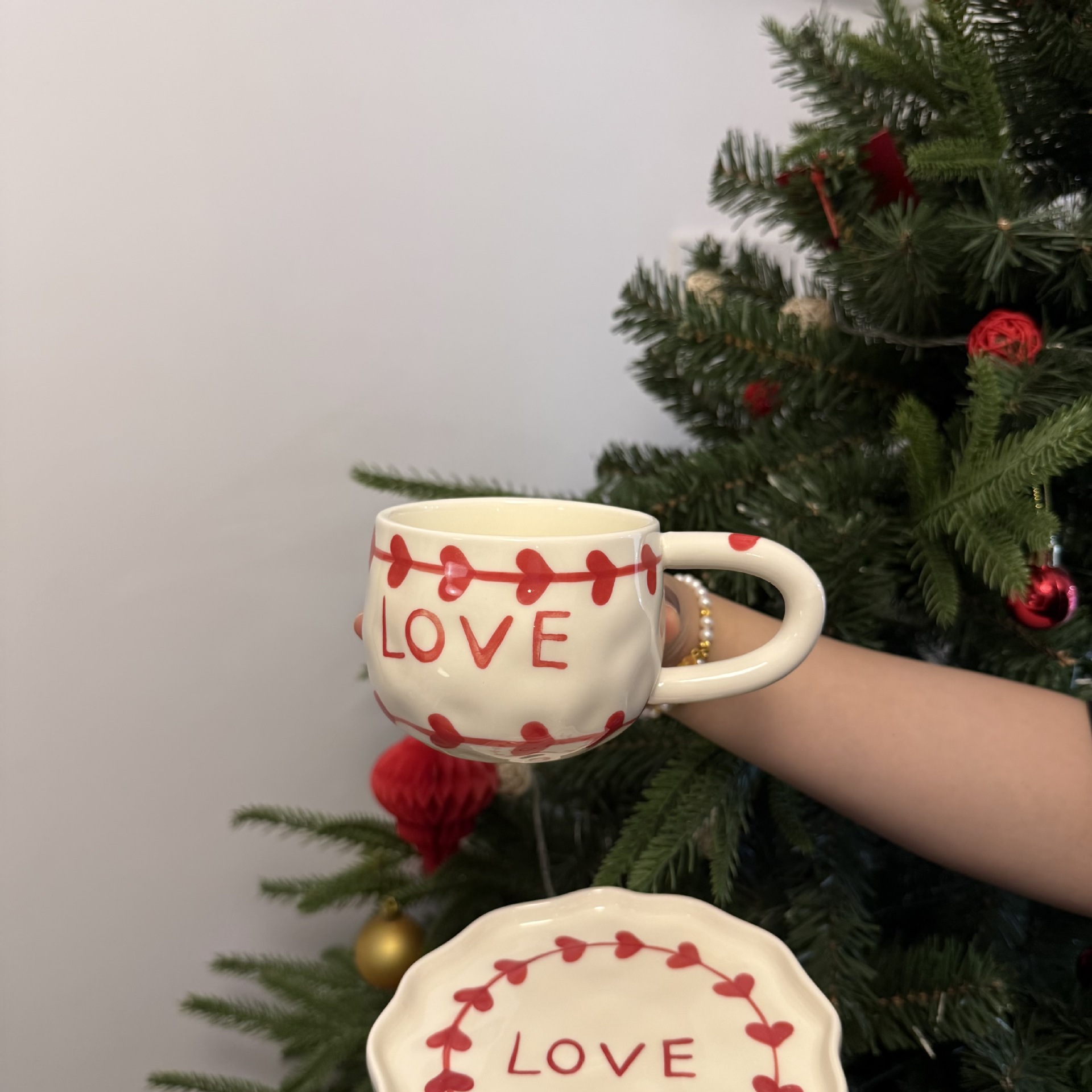 Navidad francesa retro pinza de mano pura pintada a mano taza de café de cerámica plato de alto valor plato de postre de té de la tarde