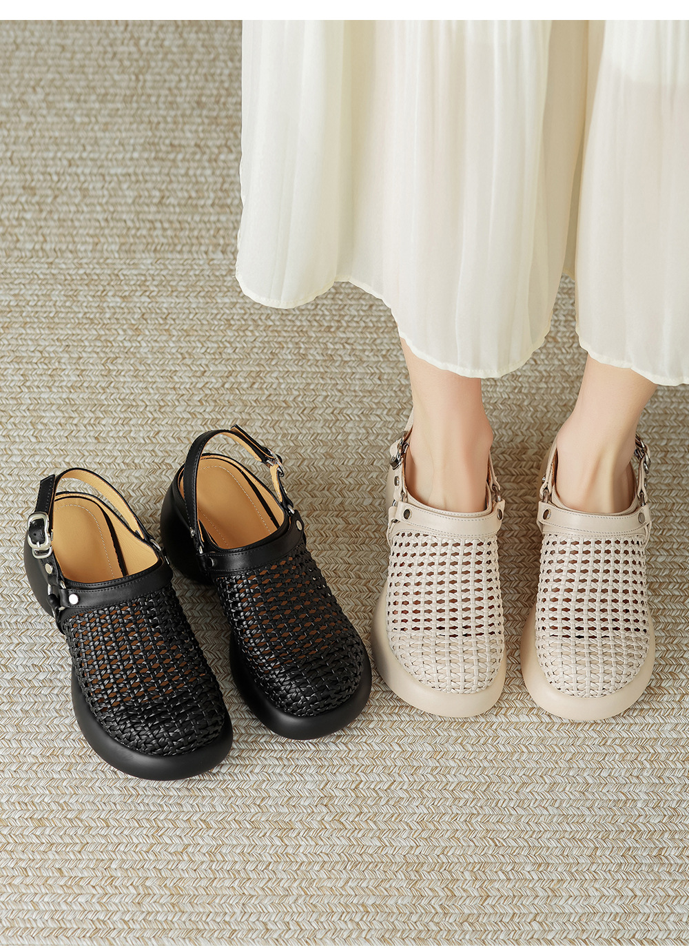 Sandal cao gót nữ mũi hở đế dày gót 6 cm phong cách dệt — đen chi tiết 2